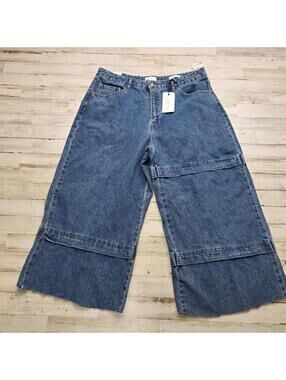 Forever 21 Jeans Mid Rise Wide Leg Womens 30 Raw Hem SHORT Baggy Punk Skater